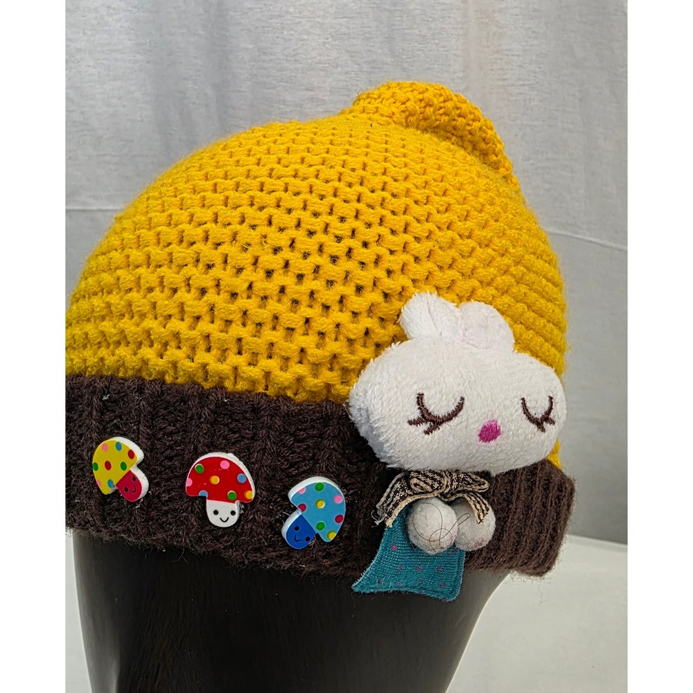 Kids Yellow Knit Bunny Beanie Mushroom Accents Pom Pom Tail Winter Hat - Picture 1 of 6